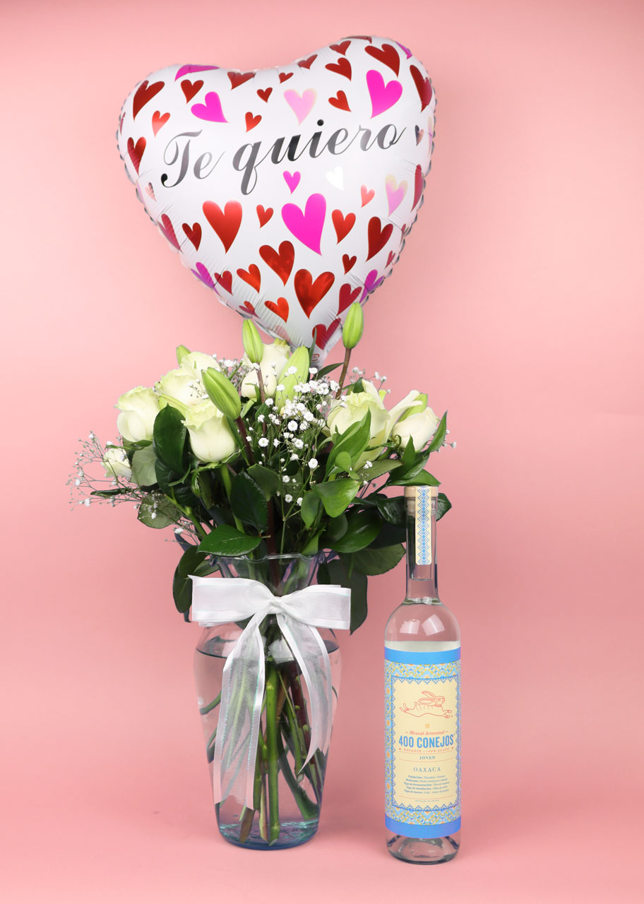 Trio Genial de Rosas Blancas con Mezcal