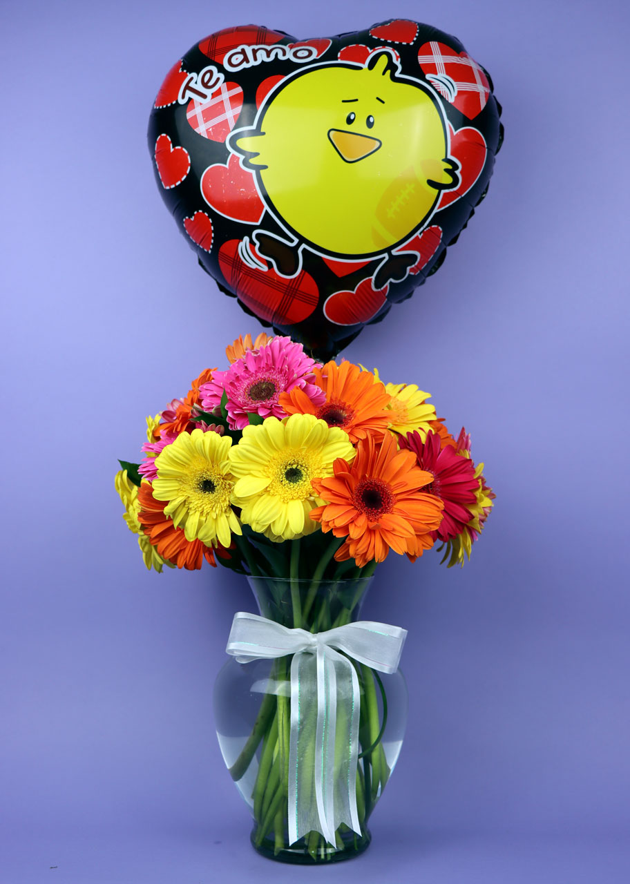 Alegria de Gerberas y un Globo de corazón Pollito Te Amo 